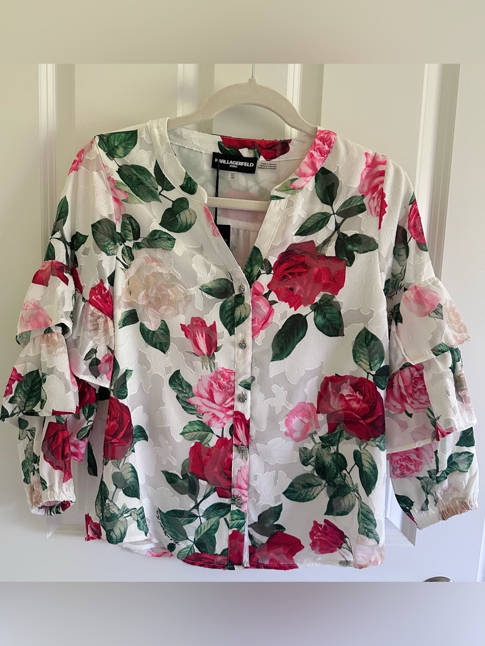 Karl Lagerfeld White Top with Red and Pink Rose Print